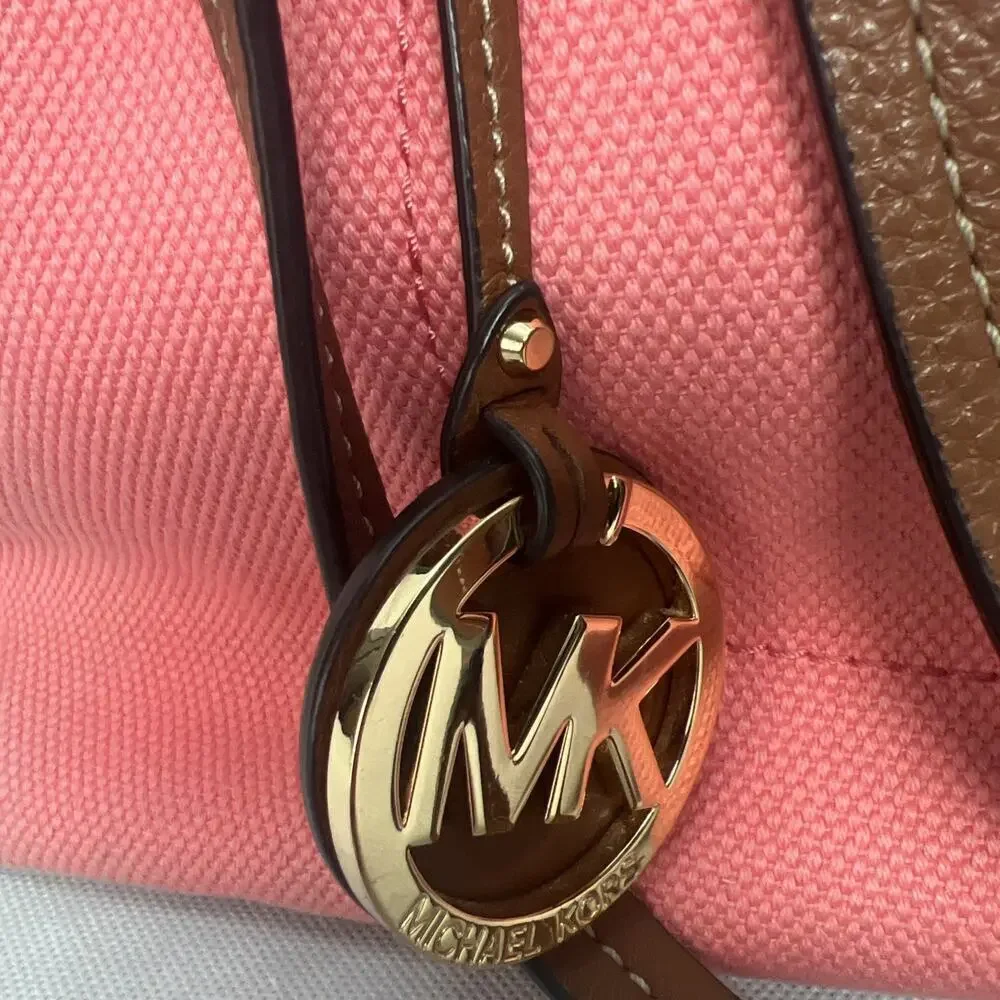 Michael Kors Marina East West Drawstring Tote in Coral Canvas & Tan Leather